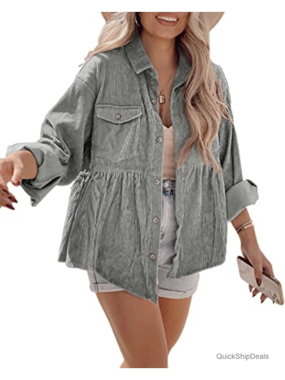 Corduroy Button Down Tunic Shirt Long Sleeve Loose Fit Blouse